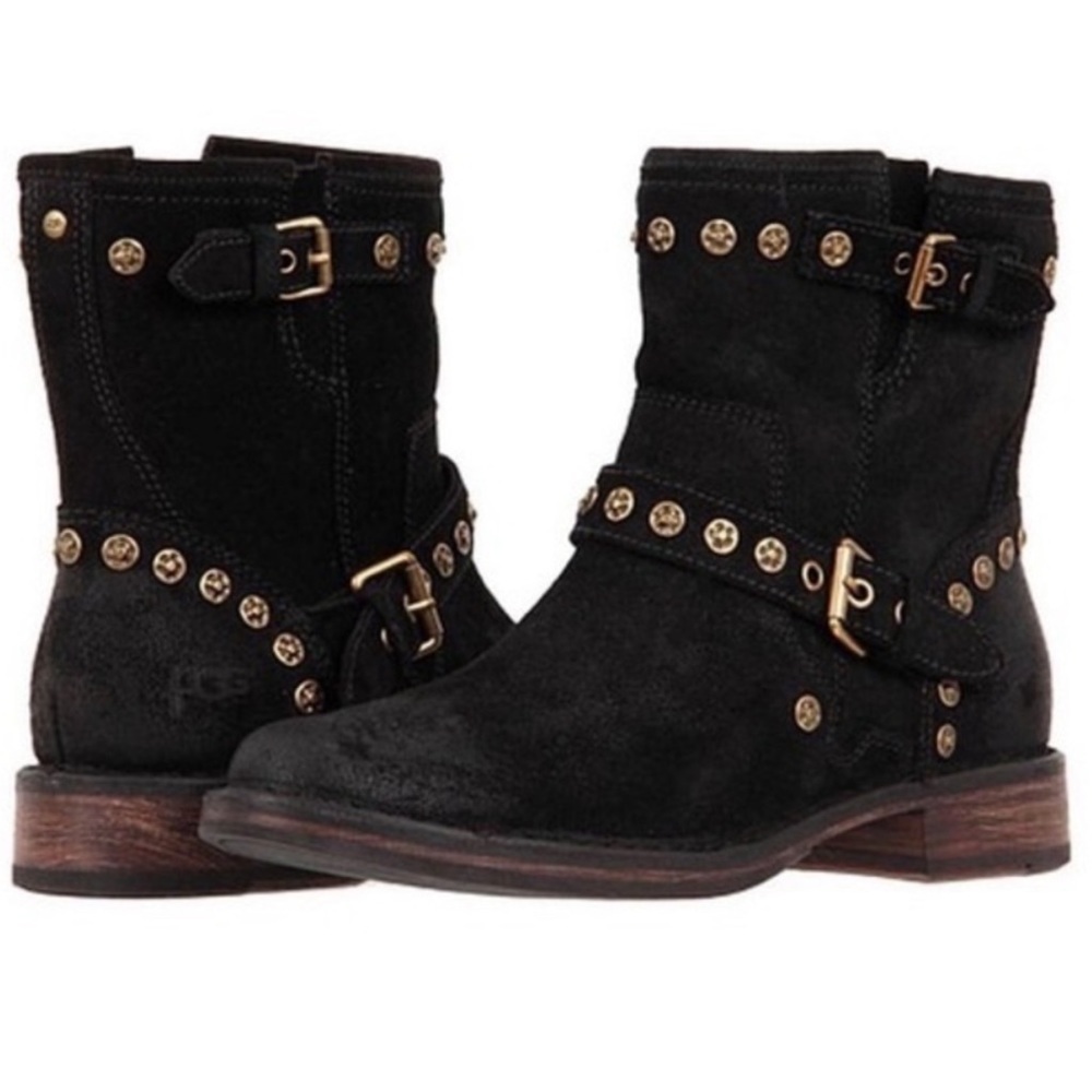 UGG Fabrizia Black Suede Studded Moto Boots 7.5 - Picture 11 of 11